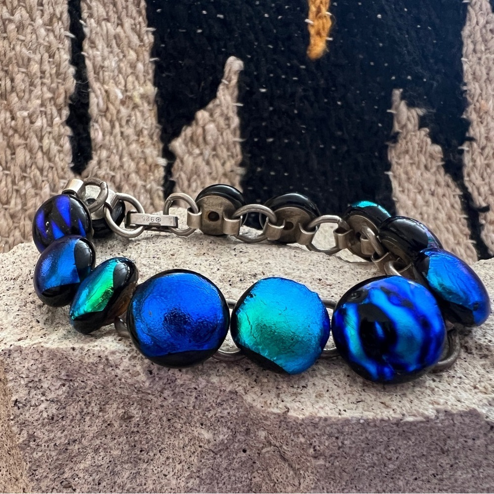 ❤️ Vintage Old Dichroic Glass Cabochon Sterling Silver Sz 7.5 Bracelet 30.1Gm - Picture 4 of 12